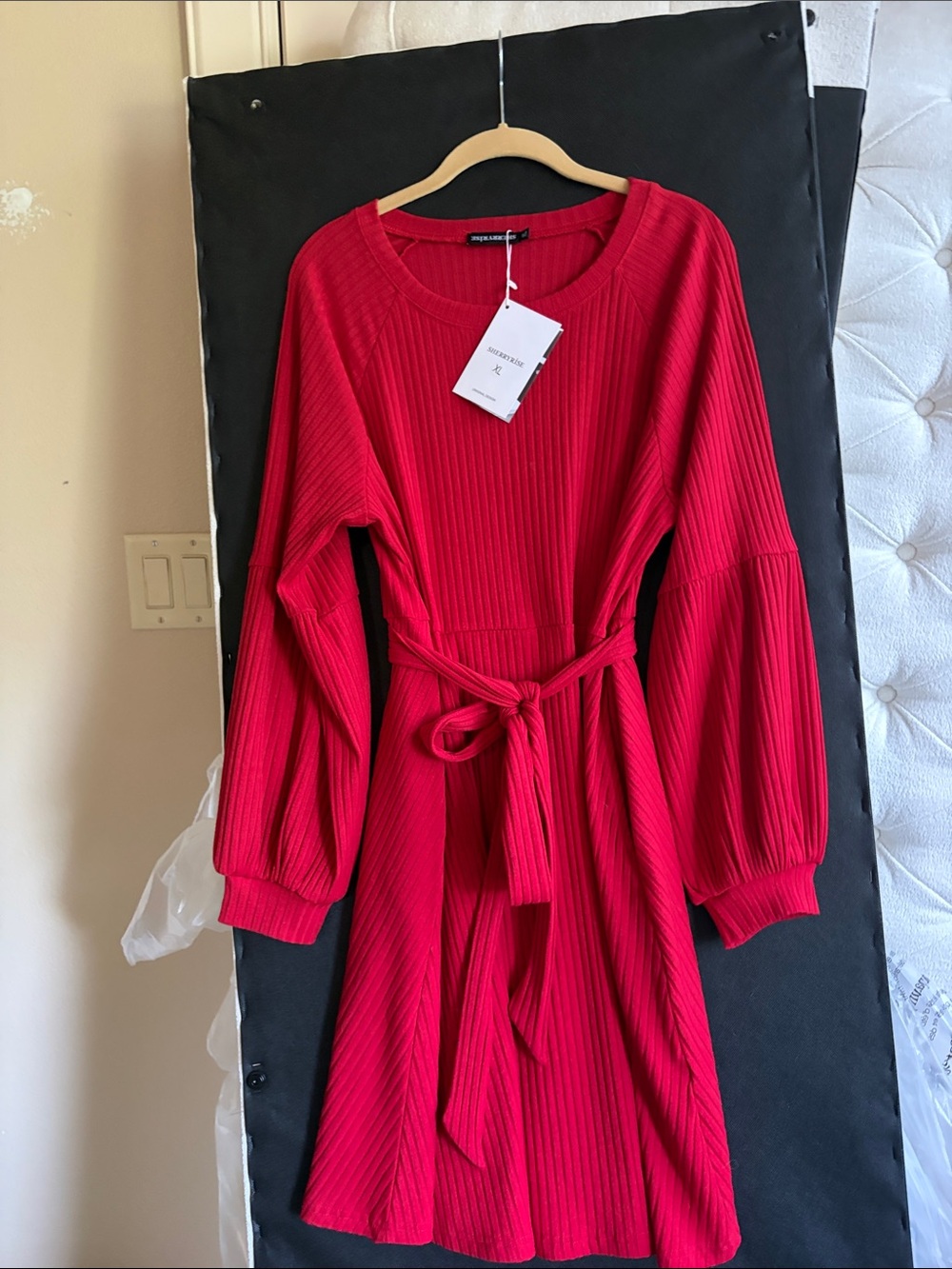 Red Long-Sleeve Ribbed Tie-Waist Dress